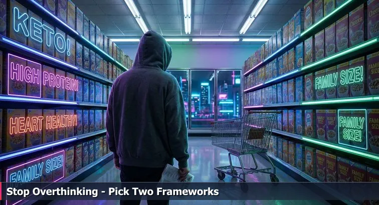 A developer in a supermarket aisle comparing colorful cereal boxes that represent different web frameworks, holding a crumpled checklist and a laptop in a shopping cart.