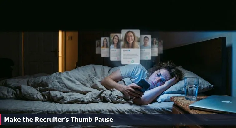 Dimly lit workspace at night: a laptop showing a portfolio and code, a phone in a hand mid-swipe, a coffee mug, and scattered sticky notes with project sketches.