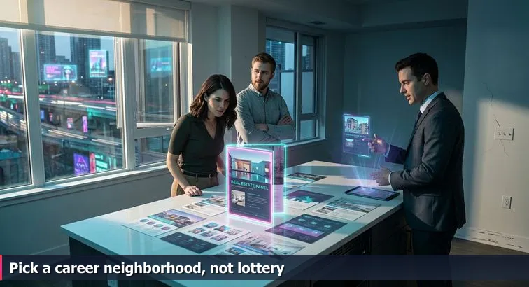 Person in a sunlit staged kitchen reviewing a glossy flyer while a laptop on the table displays colorful salary charts; thoughtful, skeptical mood.
