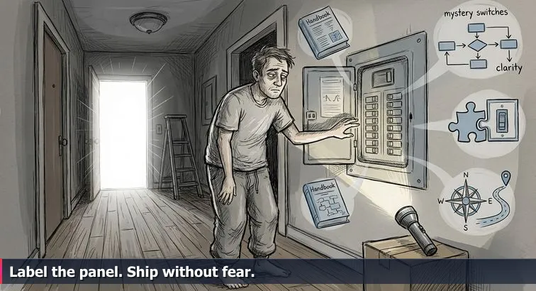 Developer kneeling in a dim hallway examining an open breaker panel while a laptop and notebook sit nearby, conveying focused debugging and planning.