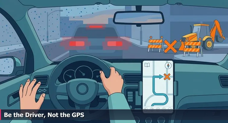 A nervous driver at a car dashboard glances between a navigation screen and a folded city map; construction cones, a laptop with code, and a calm sky visible through the windshield.