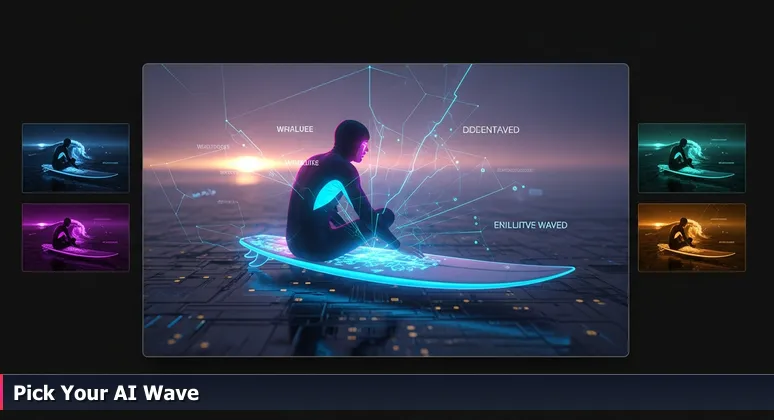 A surfer at dawn on a board in the ocean, looking out at the horizon with focused anticipation, symbolizing strategic decision-making in Chula Vista's AI scene.