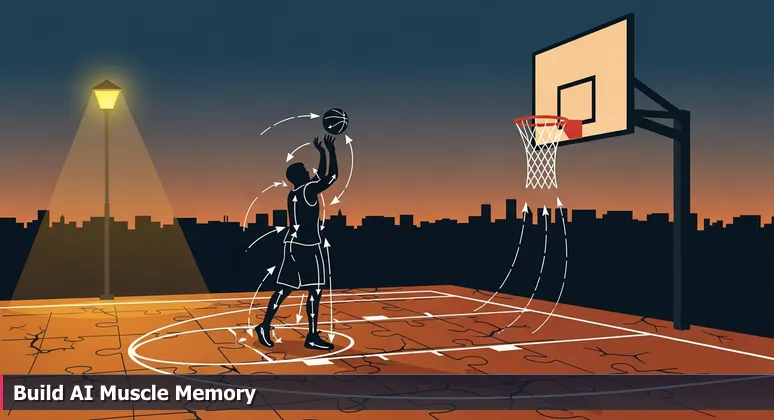 A basketball player practicing free throws alone on a cracked court in Chula Vista at dusk, symbolizing the dedication needed for AI career success.
