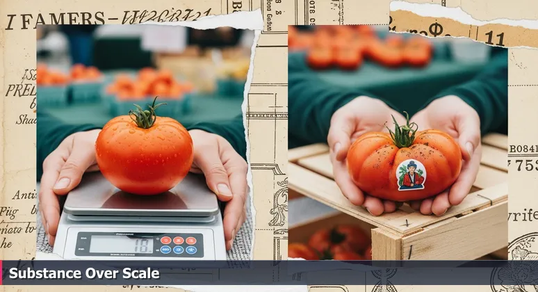 Hands at a Chula Vista farmers market comparing a tomato on a digital scale to one on a wooden crate, symbolizing tech salary evaluation for AI professionals.