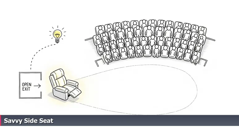 A person in a premium theater seat on the side, with spotlight on a crowded center stage, representing Chula Vista's tech career advantage as a strategic, comfortable choice.