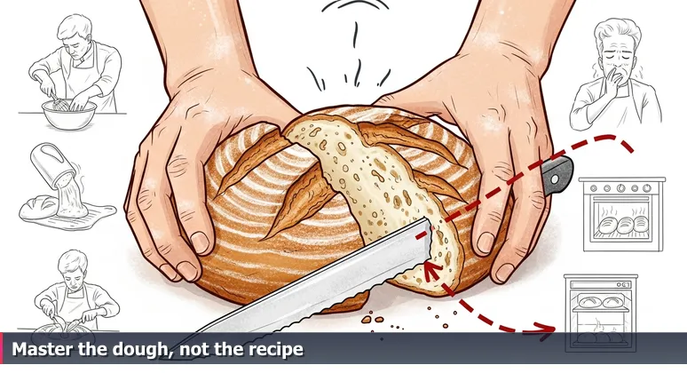 Hands slicing a rustic sourdough loaf to reveal a gummy, undercooked interior, symbolizing the frustration of following AI roadmaps without mastering foundations in Chula Vista.