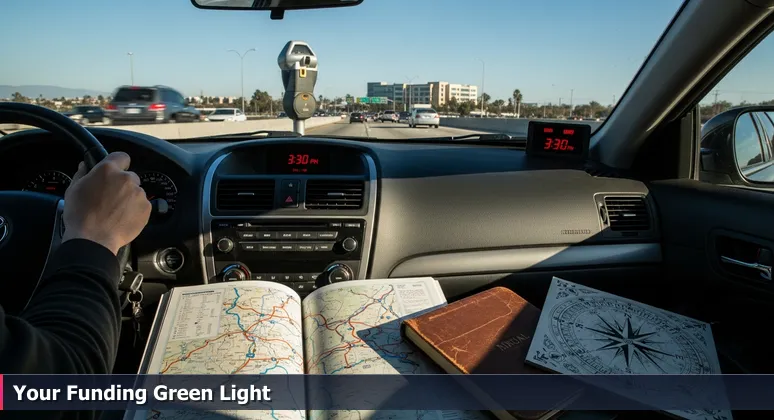 A car idling at a red light on a freeway on-ramp in Chula Vista, with the Qualcomm campus visible in the background, symbolizing the journey to tech career funding