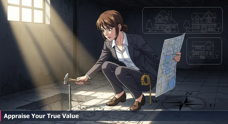 A real estate appraiser analyzing a blueprint and foundation, symbolizing the hidden value in AI salary valuation for Chula Vista professionals.