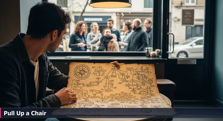 A person alone at a Chula Vista cafe table with an AI course menu, gazing towards a lively group of professionals joining a communal table, symbolizing the choice between solo learning and AI community engagement.