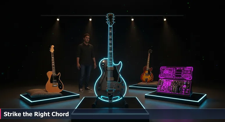 A person in a guitar shop thoughtfully considering three different guitars, representing the choice of tech career paths in Chula Vista.
