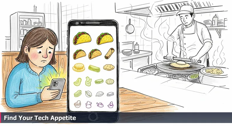 A person in a Chula Vista taqueria frowning at a phone showing 'Top 10' lists, with a chef hand-pressing tortillas in the background, symbolizing the search for authentic tech education choices.