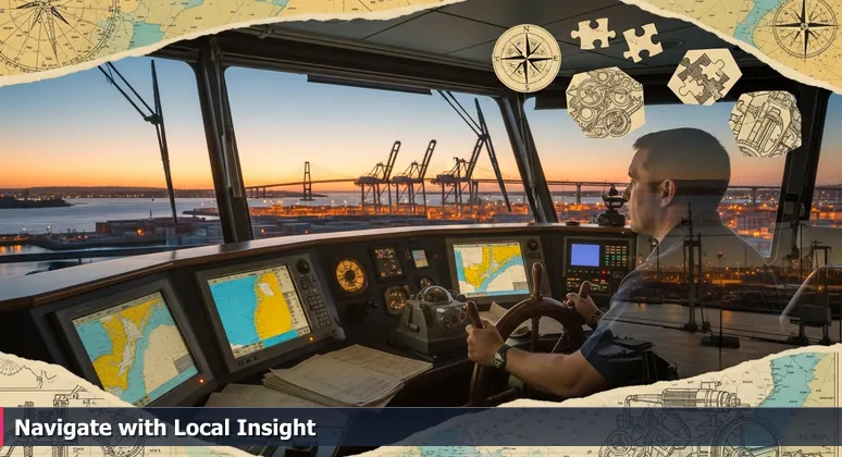 A focused helmsman steering a container ship through San Diego Bay at dusk, with digital screens and the Coronado Bridge in the background, symbolizing cybersecurity professionals navigating the 2026 job market in Chula Vista.