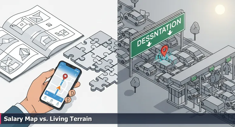 A hand holding a smartphone with a navigation app showing a route to Qualcomm Campus, with traffic and a toll sign visible through a car windshield, illustrating the gap between salary offers and real costs in Chula Vista.
