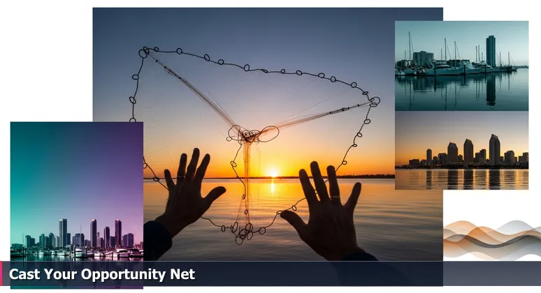 Weathered hands casting a fishing net into San Diego Bay at sunrise, with Chula Vista marina and Qualcomm towers in the background, symbolizing community tech training opportunities.