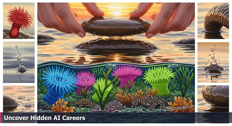 A close-up image of hands uncovering vibrant marine life in a Chula Vista tide pool at sunset, representing hidden AI career opportunities in local industries.