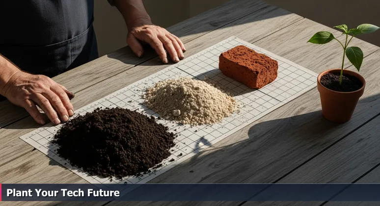 Gardener's weathered hands testing soil textures on a wooden table with a seedling pot, symbolizing workspace selection for tech growth in Chula Vista.