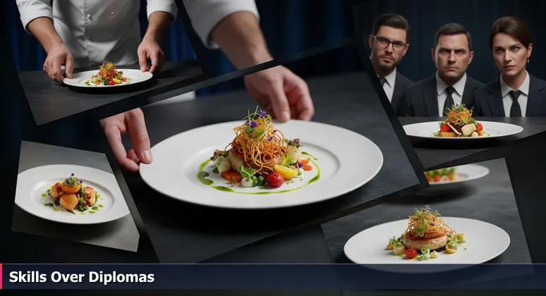 Close-up from a cooking competition: hands presenting a perfectly plated dish to skeptical judges, symbolizing skills-first tech hiring in Chula Vista.