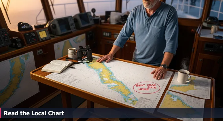 A seasoned captain examining a nautical chart of San Diego Bay in a boat wheelhouse at dawn, representing local navigation for junior developers.