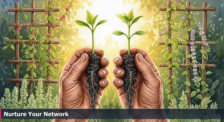 A gardener's hands holding two seedlings with exposed roots in a sunlit Chula Vista garden, symbolizing the choice of tech communities for growth.