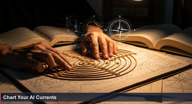 Weathered hands tracing the patterns of a traditional Marshallese stick chart, symbolizing navigation for AI career paths.