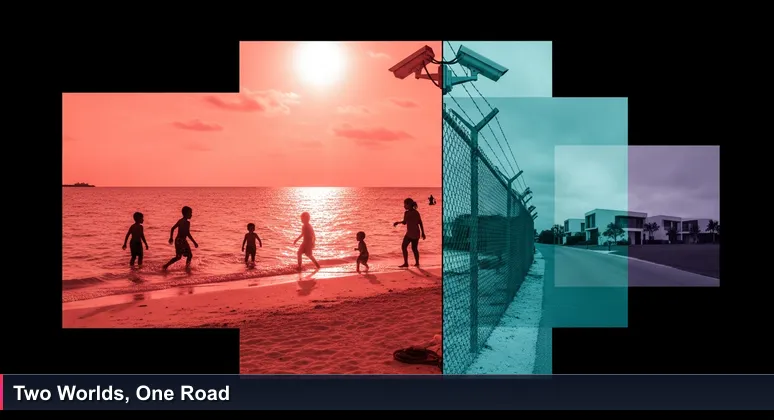 A Marshall Islands atoll road scene with a public beach on one side and a security fence on the other, symbolizing the divide between local life and high-paying tech jobs in Kwajalein and Majuro.