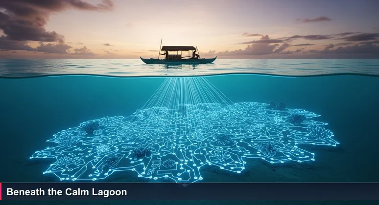 Split image: an outrigger canoe on Majuro Lagoon above a bioluminescent coral reef, symbolizing hidden tech ecosystems in the Marshall Islands.