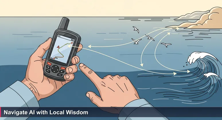 A Marshallese navigator's hands blending technology and tradition: one holds a GPS, the other points to the ocean, symbolizing AI learning with local context.