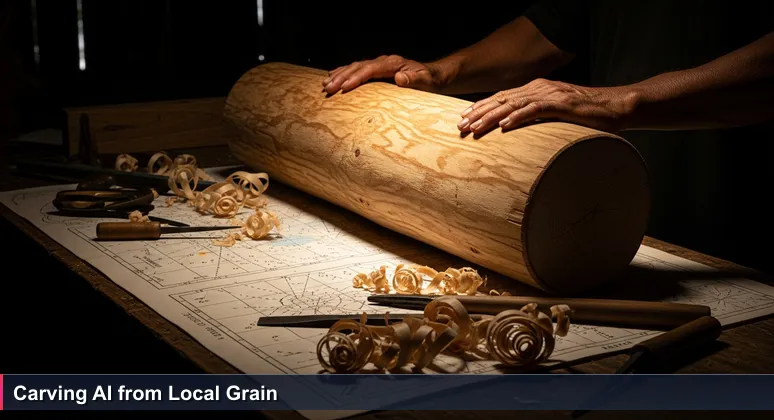 Weathered hands of a Marshallese canoe builder in Majuro feeling the grain of a breadfruit log, with wood shavings and traditional navigation charts in the background.
