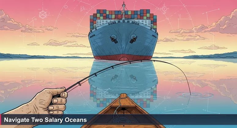 Aerial view from a small boat on the Majuro lagoon, with a container ship in the background and a hand holding a fishing line, symbolizing local and global economies in AI careers.