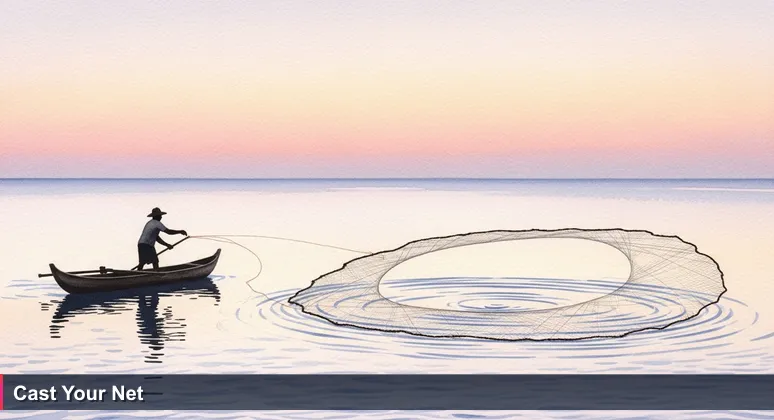 A fisherman in a canoe casting a net at dawn on the Pacific Ocean, symbolizing AI networking in the Marshall Islands.