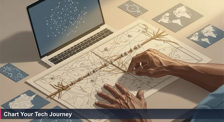 A Marshallese hand traces a traditional stick chart next to a laptop showing tech jobs, symbolizing navigation of modern careers.