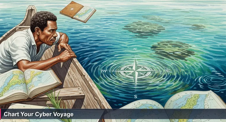 A Marshallese fisherman carefully reads the lagoon's surface from a canoe, representing cybersecurity experts mapping career paths in the Marshall Islands.