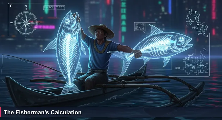 Fisherman in outrigger canoe off Majuro with large fish, symbolizing the balance between tech salary promise and living cost reality in the Marshall Islands.