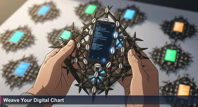 Weathered Marshallese hands hold a traditional stick chart with glowing smartphone screens attached, displaying a coding exercise, symbolizing the fusion of ancestral navigation with modern tech training.