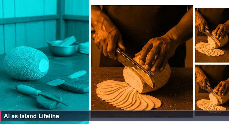 A chef's hands using a precision mandolin to slice breadfruit in a Marshall Islands kitchen, symbolizing AI's adaptation to essential local needs like food security and climate resilience.