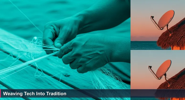 A close-up of hands repairing a traditional Marshallese fishing net on a dock, with a satellite dish being installed in the background, symbolizing tech innovation in island communities.