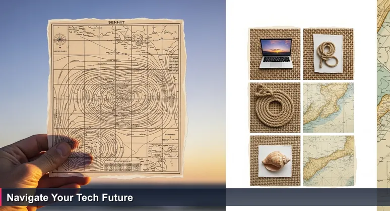 A Marshallese navigator's hand holding a traditional stick chart at dusk, with a modern laptop glowing on a woven mat in the background.