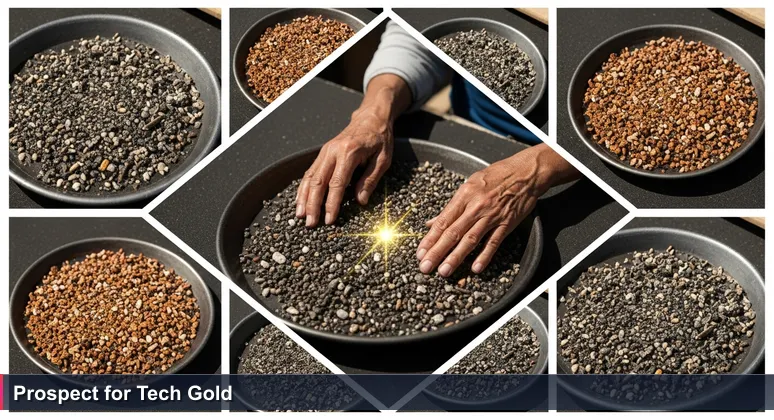 Close-up of weathered hands sifting through dark sand and coral in Majuro, with a glint of gold symbolizing valuable tech job opportunities for junior developers in the Marshall Islands.