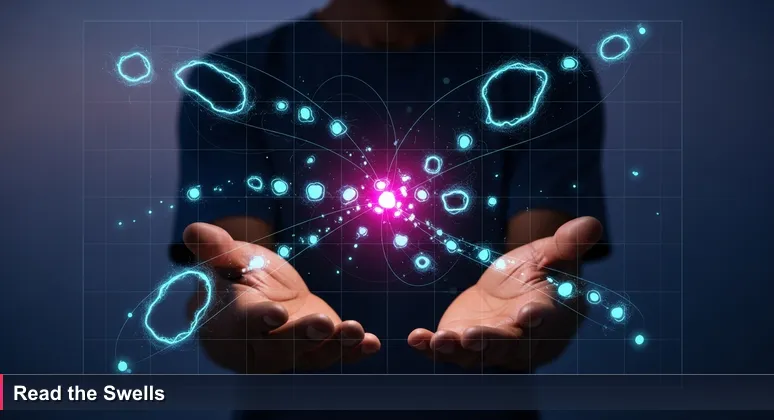 Weathered hands of a Marshallese navigator at dawn hovering over a traditional stick chart, symbolizing the network of tech resources for women.