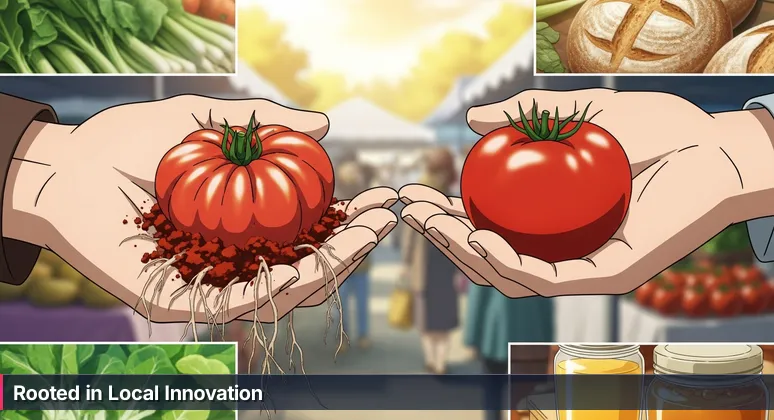 Close-up at Athens Farmers Market: hands comparing a shiny supermarket tomato with a vibrant heirloom tomato still rooted in local red clay, symbolizing startups deeply connected to Athens' community.