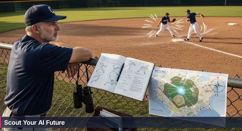 A focused baseball scout in an Athens, GA minor league park, observing a utility player with an open notebook showing AI career notes and a map to Atlanta.