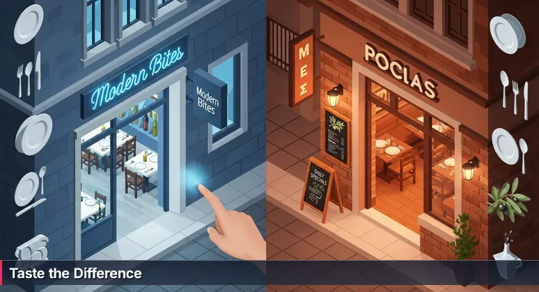 A hand hesitating between a sleek national chain restaurant door and a cozy local eatery door on a vibrant Athens street, symbolizing tech career choices.