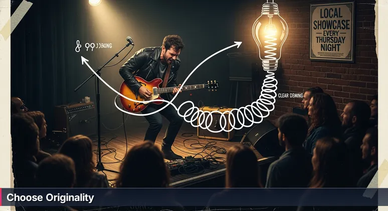A musician performing an original guitar riff on stage at the Georgia Theatre in Athens, GA, with an engaged crowd and a local showcase poster in the background.