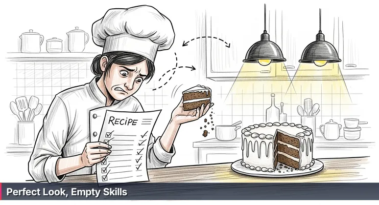 A frustrated home cook in a messy kitchen holding a dry cake slice next to a perfect frosted cake, symbolizing the gap between following steps and achieving AI engineering success in Athens.