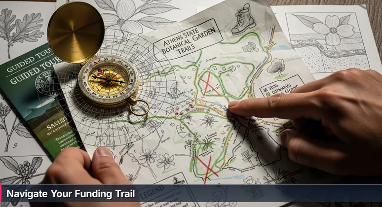 Hands holding an annotated paper map of Athens' State Botanical Garden trails, with a compass and guided tour flyer, symbolizing the search for tech training funding paths.