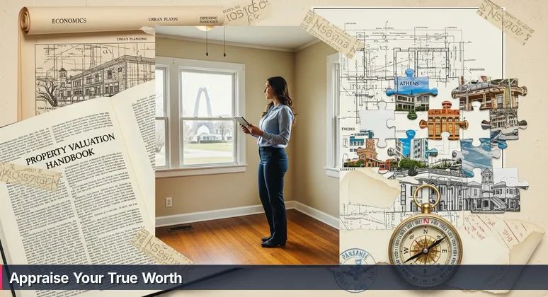 A real estate appraiser in an Athens, GA bungalow evaluating AI salary data on a tablet, with the University of Georgia Arch visible in the background.