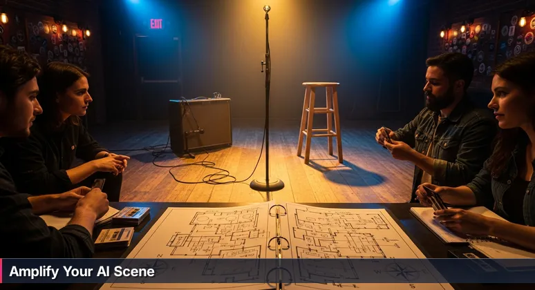 A dimly lit music venue in Athens, GA, with an empty stage and a crowd of diverse professionals networking, symbolizing the collaborative AI community scene for 2026.