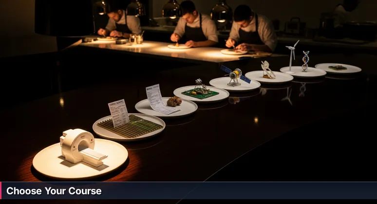 A stylized image of a chef's tasting menu featuring small plates with miniature AI models, symbolizing diverse career opportunities in Athens, GA.