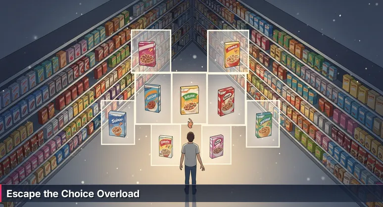 A person in a grocery aisle looking overwhelmed while choosing between cereal boxes, symbolizing the challenge of selecting a tech career path in Athens, GA.