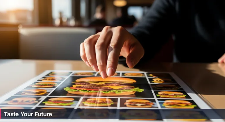 A hand hovers over a 'Top 10 Burgers' menu in an Athens, GA diner, symbolizing the choice of AI tech bootcamps for career growth.